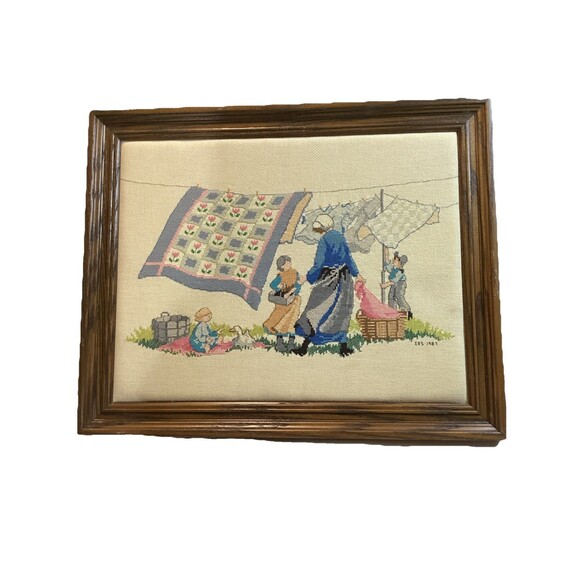 Completed Finished Cross Stitch Amish Farm Mom Kids Laundry Quilt Clothesline - Picture 1 of 12